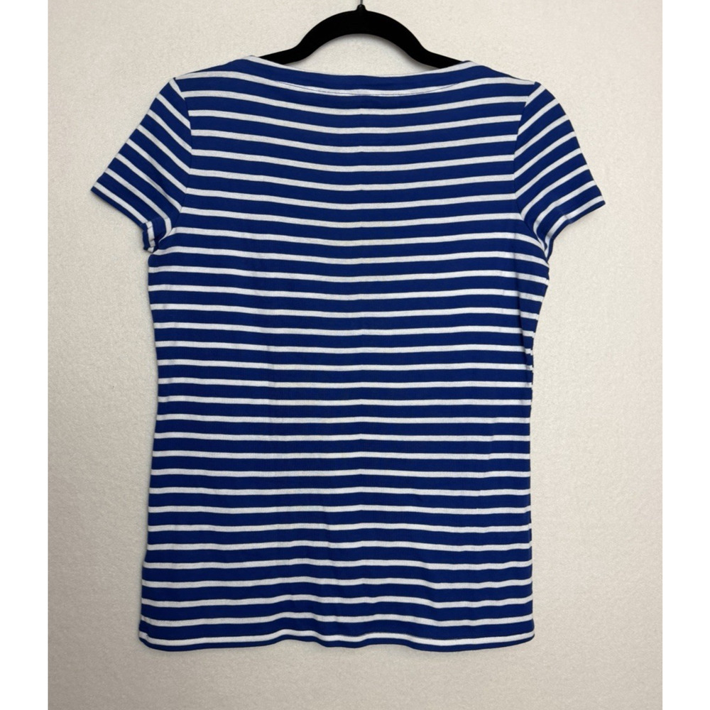 Talbots Womens Navy Blue White Striped Short Sleeve Shirt Size SP Pink Bead Fish - Picture 6 of 7